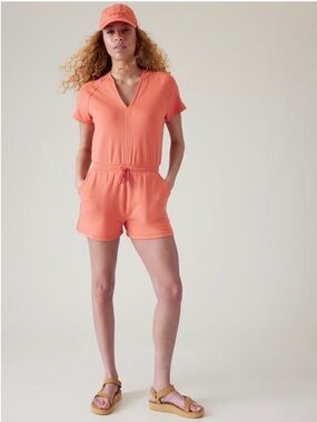 Athleta Coral Tencel Modal Short Romper Drawstring Waist V-Neck Size XL